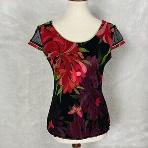 Anac Short Sleeve Mesh Floral Butterfly Black Pink Red T-Shirt L